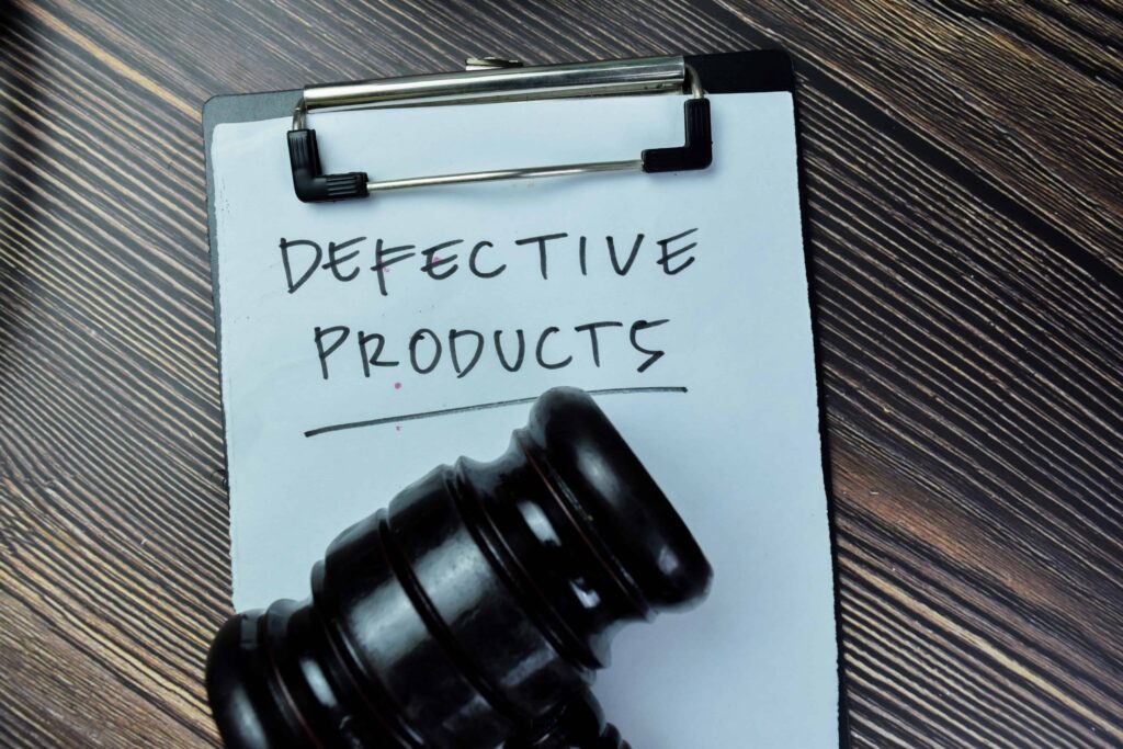 Judge’s gavel on clipboard with handwritten text Defective Products representing product liability law